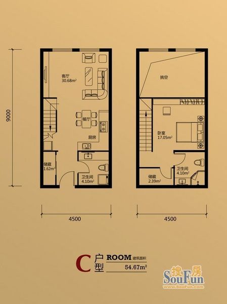 c户型 loft复式1室2厅2卫1厨 54.67㎡