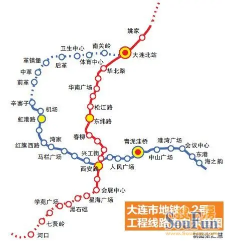 大连地铁1,2号线工程线路示意图