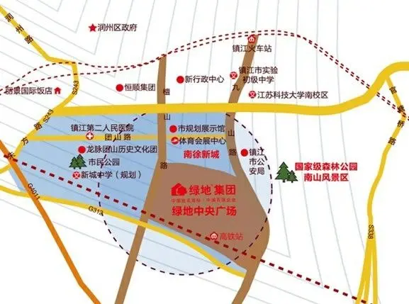 镇江市政规划主城布局结构:"一核,一心,四区域",打造以南山绿核为中心