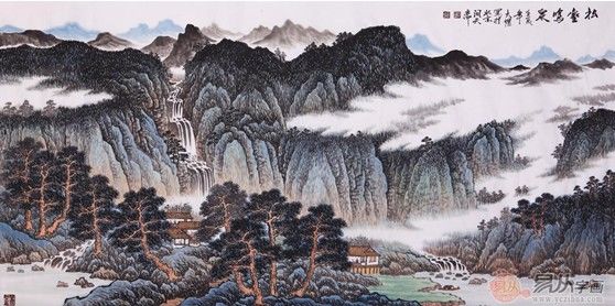 吴大恺四尺横幅山水画作品《松壑鸣泉》