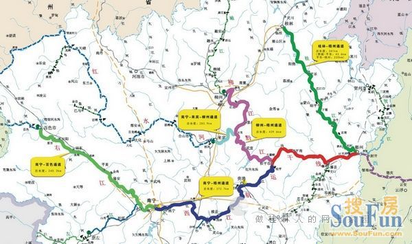 广西西江黄金水道建设五条通道示意图