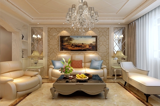 沙发背景墙采用镜面设计,提亮了整个空间,吊灯的设计更具有欧式时尚感