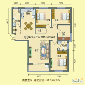 梦溪园户型图四室两厅两卫 4室2厅2卫1厨