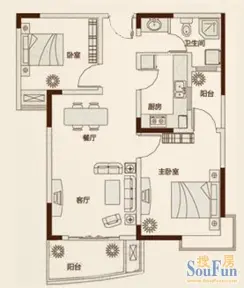 鑫苑景园户型图二期15-23号楼标准层d1户型 2室2厅1卫1厨