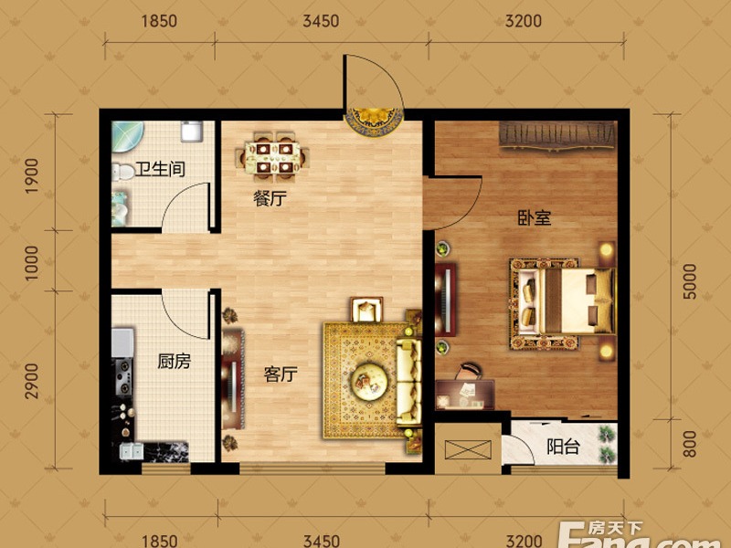 东港龙城三期优仕名苑户型402#楼d户型 1室2厅1卫1厨