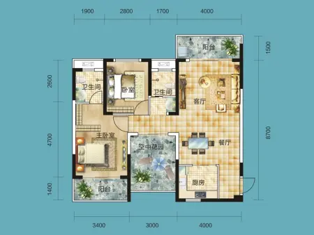  塞纳公馆2栋塞纳峰景户型2室2厅2卫1厨105㎡户型设计周正,客厅