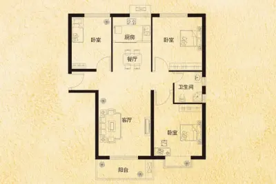 水木清华三期c户型 3室2厅1卫1厨