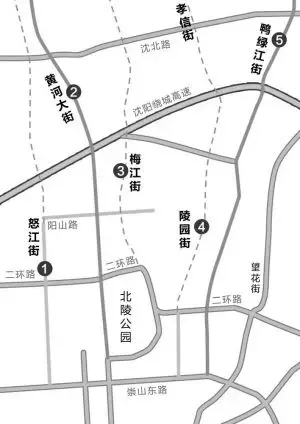 怒江北街,梅江街,陵园街,鸭绿江街这4条连接沈阳主城区与沈北新区的