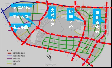 向南经 长潭西高速,坪塘大道,潇湘南大道通湘潭;向北经二环线至